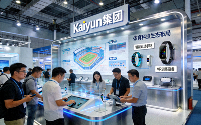 Kaiyun集团在国际体育博览会上的展台 - 展台设计现代，展示最新的体育科技产品与生态布局图，吸引众多参观者驻足