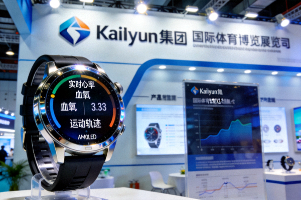 Kaiyun集团在国际体育博览会展出的智能运动手表 - 表盘显示实时心率、血氧及运动轨迹