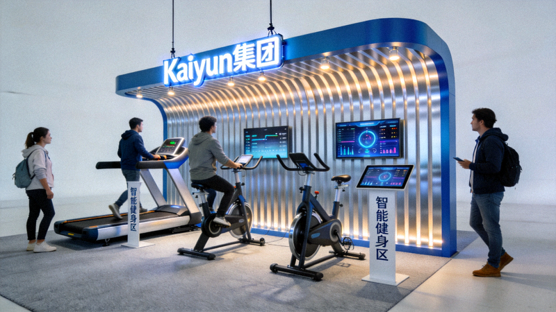 Kaiyun集团展台全景 - 参观者正在体验智能健身设备和数字健身应用